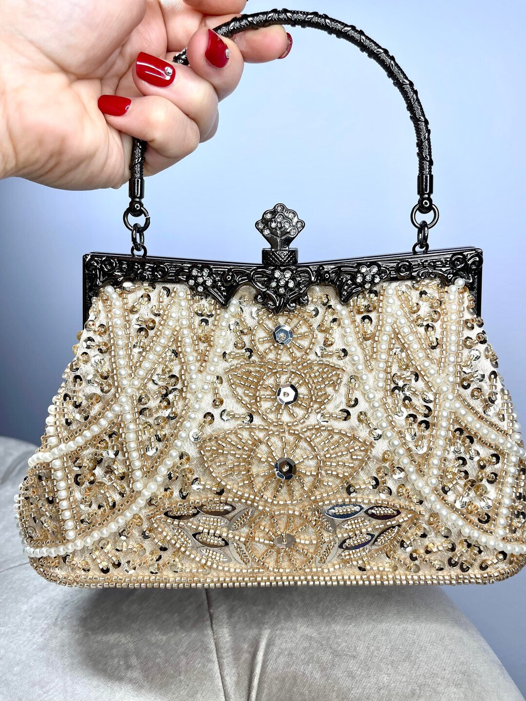 Retro Luxury Hand Embroidered Evening Clutch, Fashion Design Pearl