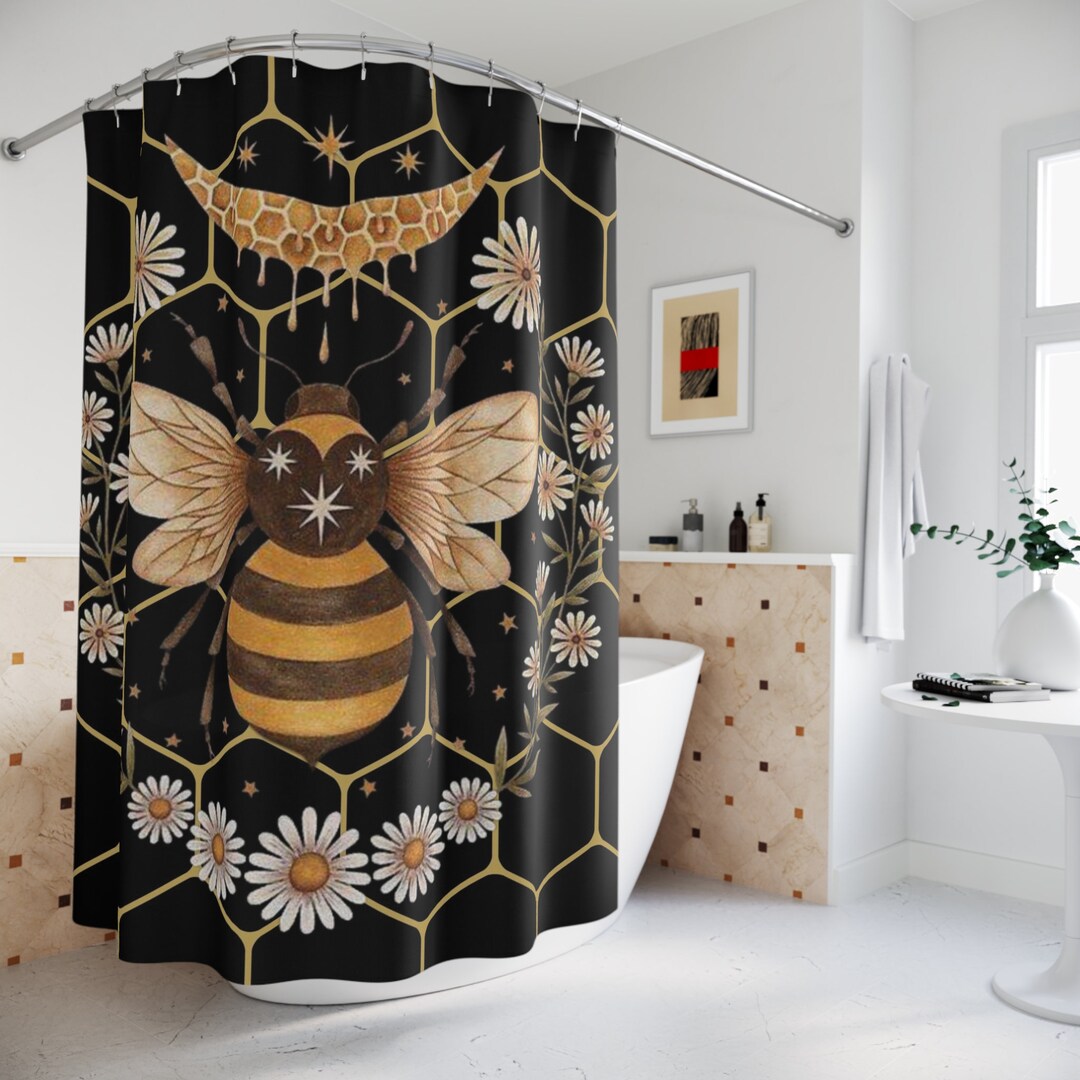 Cottagecore Dark Boho Shower Curtain, Mystical Honey Moon Bee Bathroom