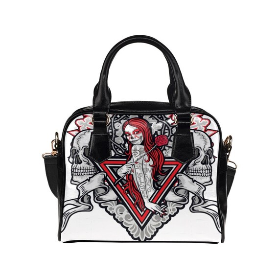 Tattoo Skull Girl Gothic Shoulder Handbag, Goth Gothic Skull Red Rose Purse, Christmas Gifts, Gothic Gifts for Women, Goth Sugar Skull Bag