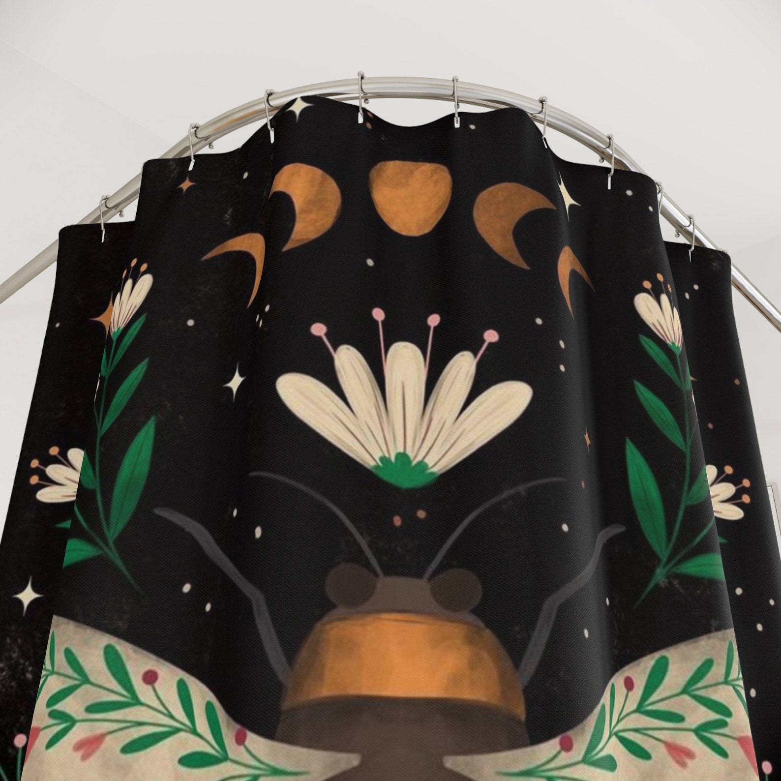 Cottagecore Dark Boho Floral Bee Shower Curtain, Mystical Moon Bathroom Decor, Home Decor