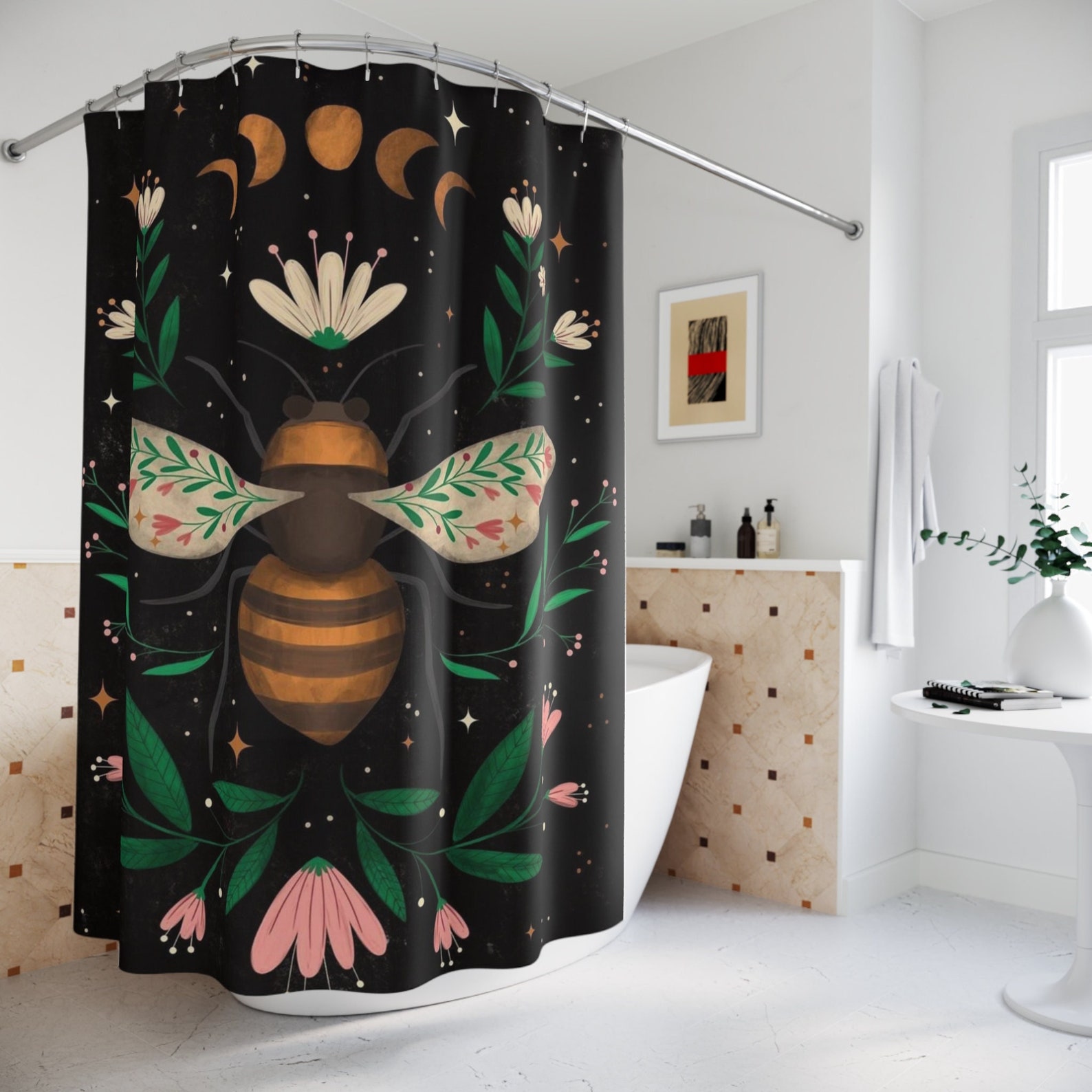 Cottagecore Dark Boho Floral Bee Shower Curtain, Mystical Moon Bathroom Decor, Home Decor
