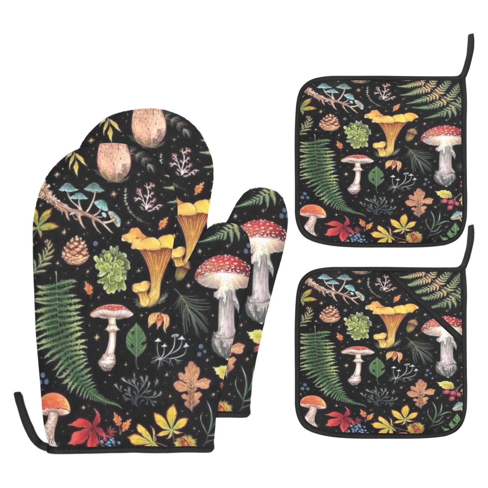 Cute Mushroom Oven Mitts and Pot Holders Sets of 3,Funny Black Gothic  Witchy Gifts Heat Resistant Kitchen Mitts Non Slip Washable for Cooking  Grilling