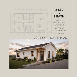 May include: A house plan with a 2-bedroom, 2-bathroom layout, including a floor plan, door and window schedule, elevations, and AutoCAD file. The image also features a photograph of a white house with black trim, a dark roof, and a 85.47 sq m plan.