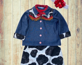 Toddler XS Cowgirl Costume - Blue Denim, Black & White Cow Spots