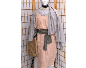 Handcrafted Linen Look Women's X Large Biblical Costume - Grey, Blush Pink & Green