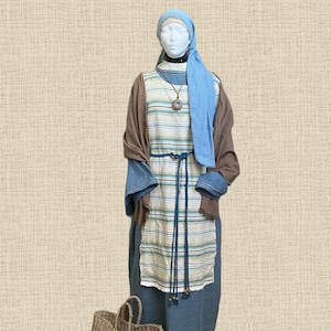 Handcrafted Linen Plus Size Women&#39;s XX Large Biblical Costume – Teal Blue, Natural & Brown