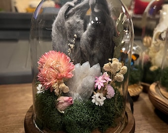 Glass Cloche with Bunny Ears and Silver Aura Quartz