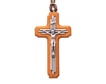 Nazareth Fair Trade Olive Wood & Tri-Line Metal Crucifix Necklace - An Emblem of Faith - Religious Jewelry Handcrafted in Nazareth