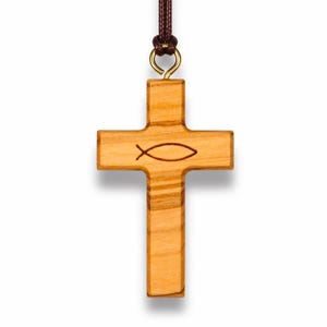 Olive Wood Ichthus Cross Necklace – Handcrafted in Nazareth