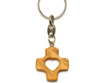 Portachiavi a croce in legno d'ulivo fatto a mano: regalo cristiano con medaglia del santo - Italia