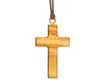 Nazareth Fair Trade Handmade Original Minimalist Olive Wood Cross Necklace, Christian Religious Pendant, From Nazareth, Artisan-Crafted Gift