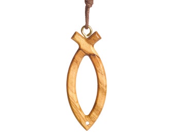 Jesus fish Ichthus olive wood symbol cross necklace handmade in Nazareth For Men, Women, Boys & Girls