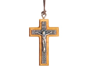 Nazareth Fair Trade Olive Wood Cross Necklace with Metal Crucifix Handmade in Nazareth, Christian Religious Jewelry, Gift from the Holy Land