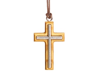 Metal cross olive wood necklace handmade in Nazareth For Men, Women, Boys & Girls