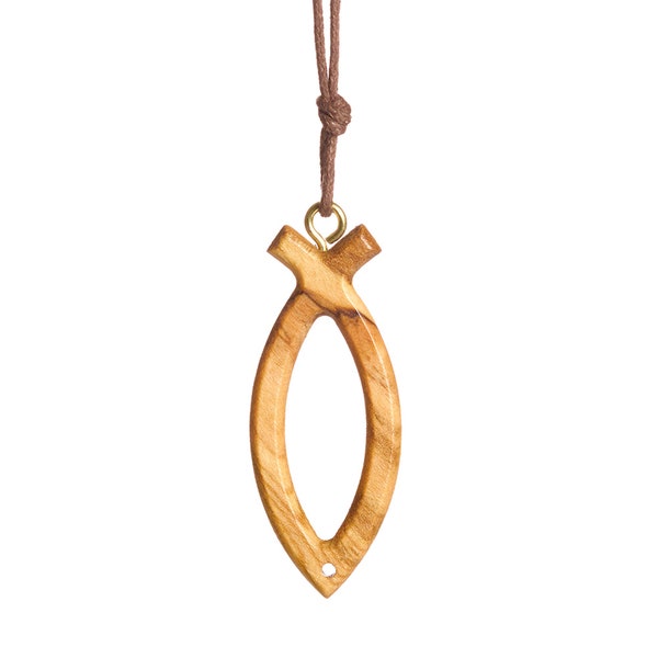 Collier de croix en bois d'olivier Ichthus poisson Jésus fait à la main à Nazareth pour hommes, femmes, garçons et filles