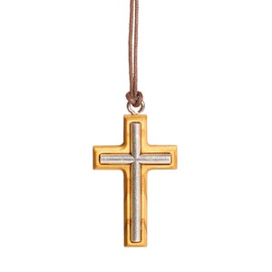 Nazareth Fair Trade Minimalist Olive Wood & Metal Cross Necklace Handmade in Nazareth, Christian Religious Jewelry Gift, Symbol Pendant