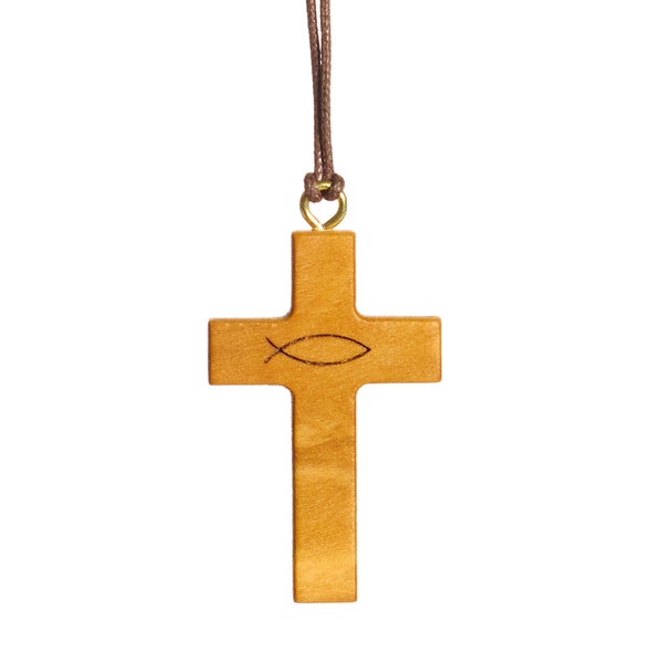 Ichthus Jesus fish olive wood cross necklace handmade in Nazareth For Men, Women, Boys & Girls