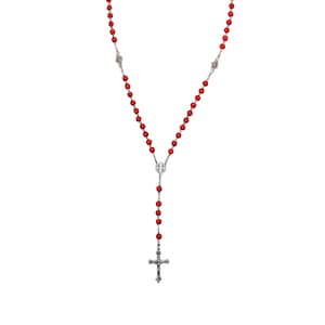 Rose Red Graceful Olive Wood Rosary, Beaded Love Cross Necklace With Maria Jesus Pendant Handmade In Nazareth