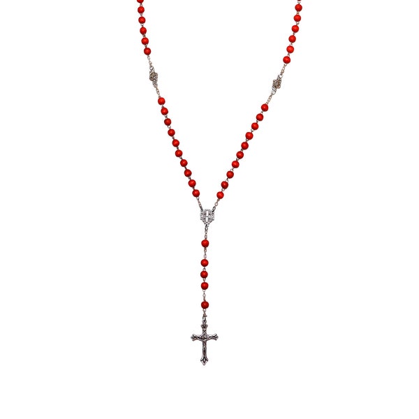 Rose Red Graceful Olive Wood Rosary, Beaded Love Cross Necklace With Maria Jesus Pendant Handmade In Nazareth