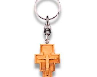San Damiano Olive Wood Cross Keychain – Handcrafted in Nazareth