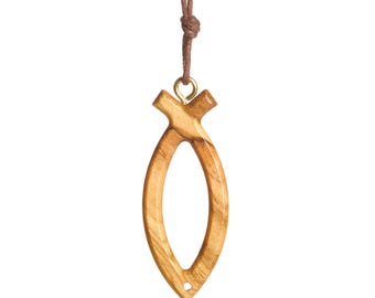 Nazareth Fair Trade Handmade Ichthus Fish Necklace, Olive Wood Christian Jewelry Pendant with Adjustable Cotton Cord, Crafted in Nazareth