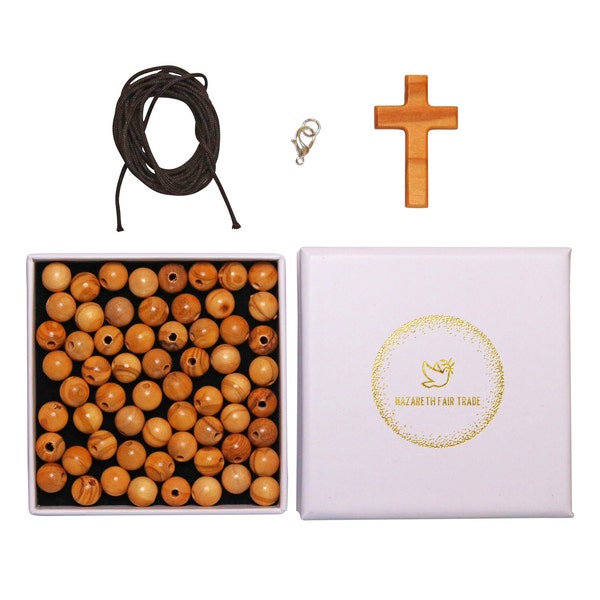 Nazareth Fair Trade Prayer Rosary DIY Kit - Handmade Olive Wood Beads and Cross Crafting Set for Personal Devotion & Community Crafting