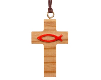 Nazareth Fair Trade Handcrafted Olive Wood Cross & Red Ichthys Pendant - Symbolic Christian Necklace from Nazareth