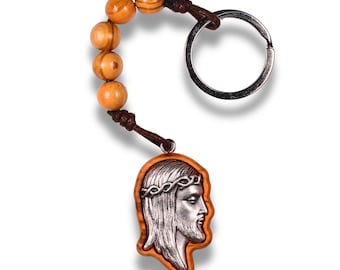 Visage of Jesus Olive Wood Beaded Keychain – Handcrafted in the Holy Land