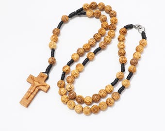 Olive Wood Rosary Necklace Engraved Beads - 8mm