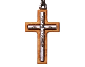 Nazareth Fair Trade Olive Wood & Inlaid Metal Crucifix Pendant Necklace - Handmade Religious Symbolic Cross Jewelry From Nazareth
