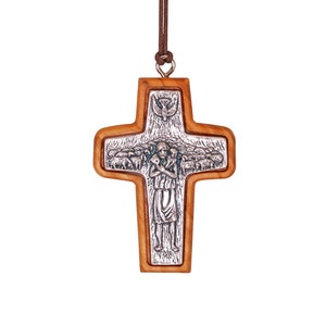 Nazareth Fair Trade Handmade "Shepherd's Embrace" Pope Francis Olive Wood Framed Metal Cross Pendant