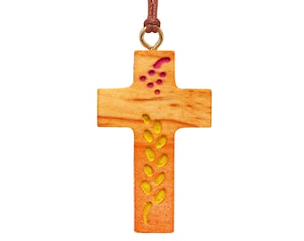 Nazareth Fair Trade Handmade Olive Wood Communion Cross Pendant - Wheat and Grape Emblems - Symbolic Christian Necklace from the Holy Land