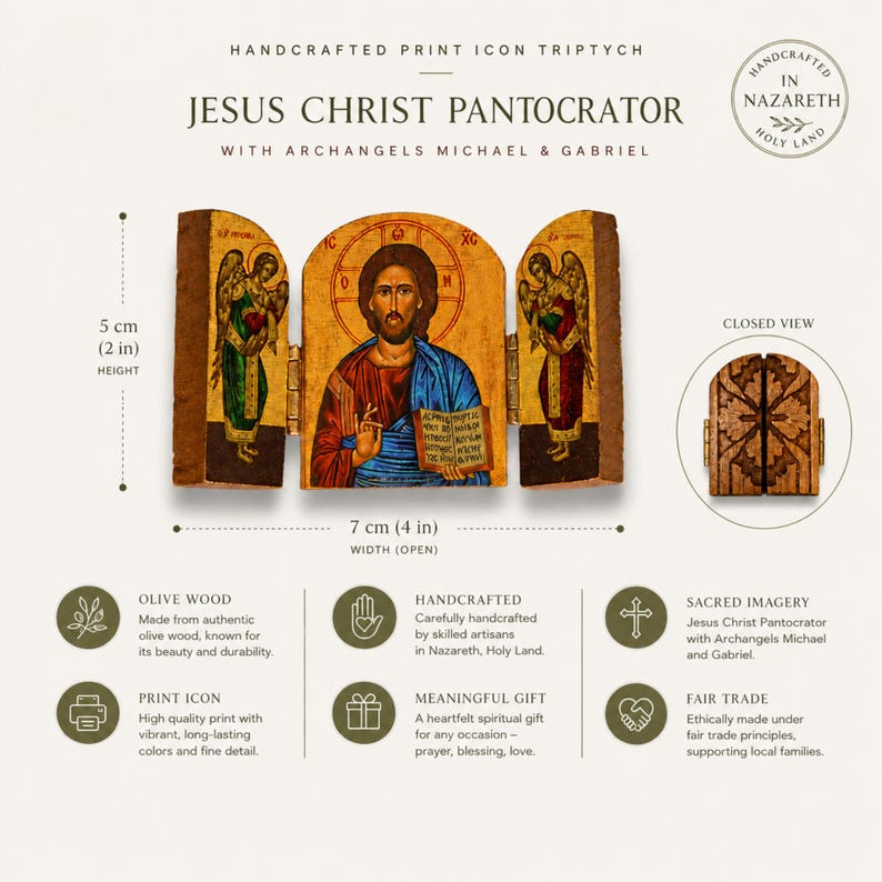 Jesus Christ Pantocrator triptych icon with Archangels Michael and Gabriel, handcrafted olive wood icon from Nazareth Holy Land