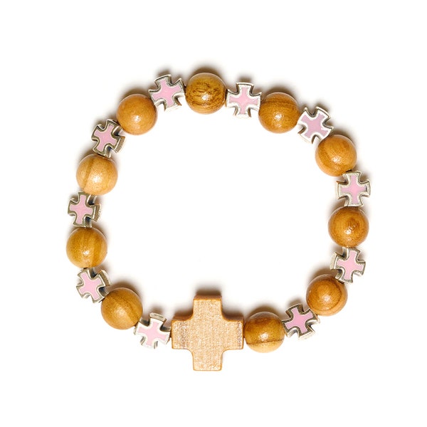 Bracelet perles croix pendentif couleur bois d'olivier fait main à Nazareth