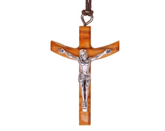 Nazareth Fair Trade Heavenward Arc Olive Wood Crucifix Pendant Necklace