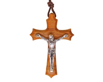 Nazareth Fair Trade Handmade Olive Wood & Silver Crucifix Pendant Necklace