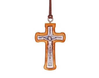 Nazareth Fair Trade Handmade Radiant Corners Metal Crucifix in Olive Wood Frame Pendant Necklace