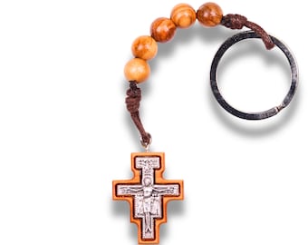 San Damiano Olive Wood Beaded Keychain – Handcrafted in the Holy Land