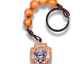 Visage of Jesus Olive Wood Beaded Cross Keychain – Handcrafted in the Holy Land