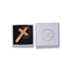 Olive Wood Cross Necklace, Handcrafted in Nazareth. Minimalist Pendant. Christian necklace in gift box.