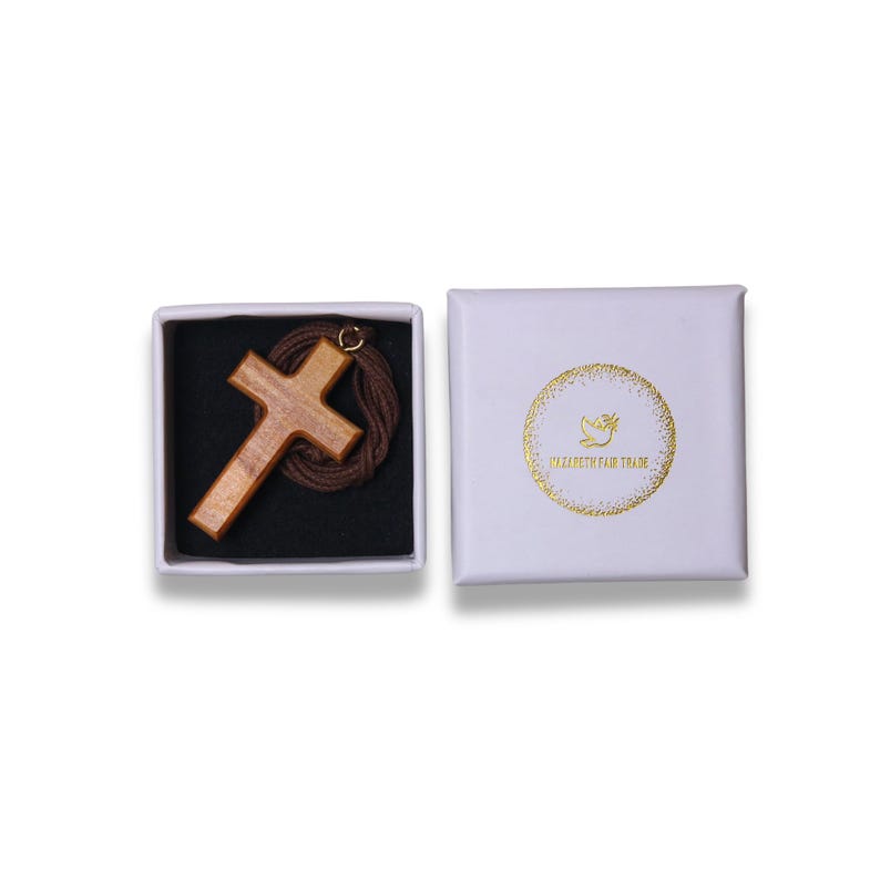 Olive Wood Cross Necklace, Handcrafted in Nazareth. Minimalist Pendant. Christian necklace in gift box.