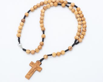 Olive Wood Rosary Necklace Engraved Cross - 8mm Beads