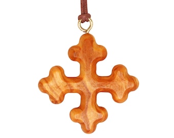 Nazareth Fair Trade Handmade Triad-Tip Olive Wood Greek Orthodox Cross Pendant Necklace