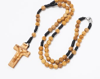 Olive Wood Rosary Necklace, Engraved Beads - 6mm