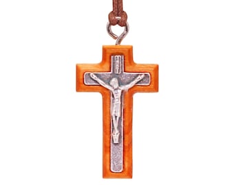 Nazareth Fair Trade Framed Metal Crucifix in Olive Wood Pendant Necklace - Elegant Minimalist Design with Silver-Toned Jesus