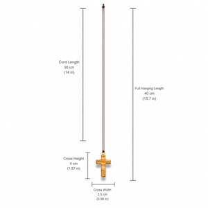 Minimalist olive wood cross necklace with measurements displayed