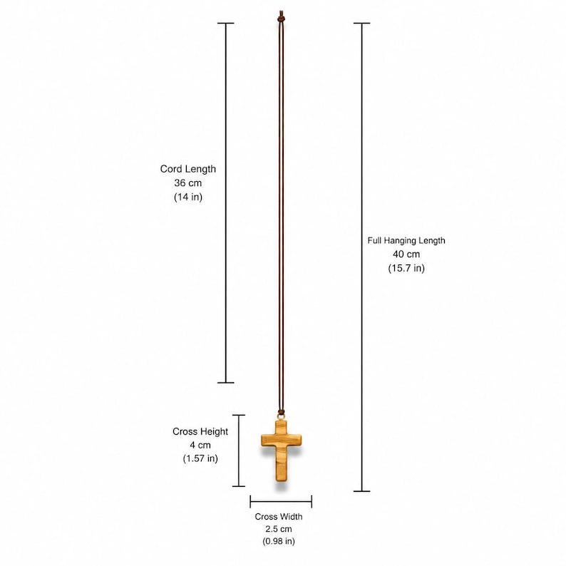Minimalist olive wood cross necklace with measurements displayed