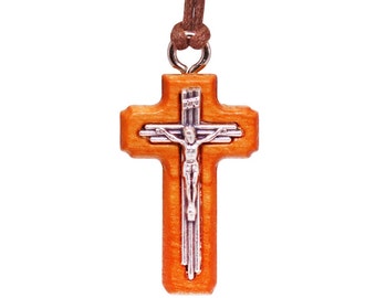 Nazareth Fair Trade Olive Wood Framed Contemporary Tri-Line Metal Crucifix Pendant - Handcrafted Modern Christian Necklace from Nazareth