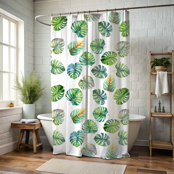 Green shower curtain Montera peru monstera adansonii monstera Obliqua boho shower curtain cute shower curtain trendy shower Tropical leaves