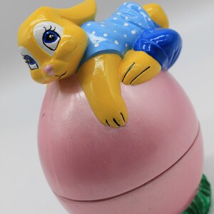Vintage Easter Egg Lidded Candy Dish, Ceramic Hand Painted, Easter Bunny on Top